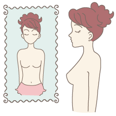 鏡の前に立ち、乳房にくぼみやひきつれ、色の変化がないかをチェックする女性のイラスト