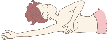 仰向けに寝て片腕を上げ、反対の手で乳房を外側から内側へ向かって触りながらシコリをチェックしている女性のイラスト