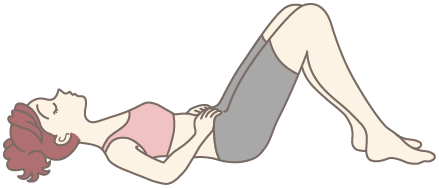 骨盤底筋トレーニングの基本姿勢を示すイラスト。仰向けで足を肩幅に開き、両ひざを立て、両手を下腹部に置いた状態