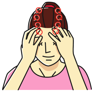 前頭部のマッサージのイラスト。指の腹で生え際から頭頂部に向かって円を描くようにマッサージする