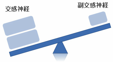 交感神経と副交感神経のバランスを示すシーソーのイラスト。交感神経が優位でシーソーが傾いている状態を表現