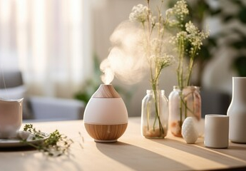 卓上に置かれたアロマディフューザーから香りが広がる様子。生活に香りを取り入れてリラックスする方法を表現した写真