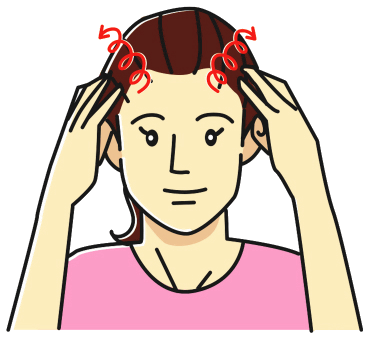 側頭部のマッサージのイラスト。指の腹でこめかみ付近を円を描くようにマッサージする