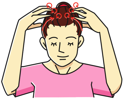 頭頂部のマッサージのイラスト。指の腹を使い、頭頂部を円を描くように優しくほぐす