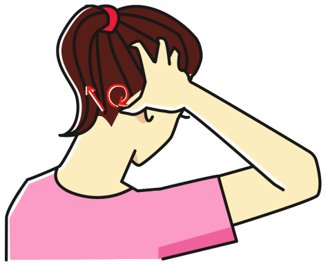 後頭部のマッサージのイラスト。指全体を使い、耳の後ろから首元にかけて上下に優しく動かしプッシュする